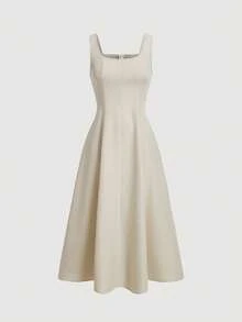 SHEIN MOD Women Casual Solid Color Sleeveless Waist Cinched Sundress For Summer,Business Casual Woman - Apricot - View 3