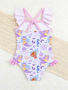 SHEIN New Fashion Girls Swimsuit, All-Over Print Camisole One-Piece Swimwear With Tummy Control - Mauve Purple - View 2