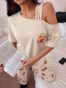 Napfluff Conjunto de pijama con estampado de animales de dibujos animados, de manga corta y hombro asimétrico - Multicolor - Ver 4