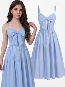 Teen Girl Sweetheart Neckline Bowknot & Empire Waist Holiday Midi Dress - Baby Blue - View 3