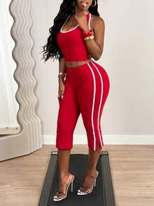 SHEIN BamGlam Bộ đồ thể thao nữ mùa xuân/hè gồm áo hai dây và quần dài, thích hợp cho các lễ hội âm nhạc, ngày Valentine, lễ Phục sinh, trang phục thường ngày đơn giản. - Đỏ - Xem 3