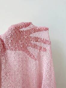 SHEIN EZwear 大码女式橄榄绿钩针编织披肩，荷叶边下摆，休闲半透明，适合外出和约会 - 淺粉色 - 查看 7