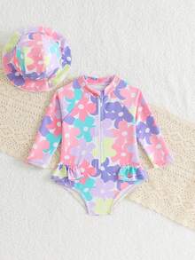 SHEIN 新生女宝宝碎花针织泳衣两件套，荷叶边下摆连体泳衣+泳帽，时尚优雅设计，适合游泳、海滩、泳池、夏季度假、假日 - 彩色 - 查看 4