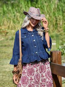EMERY ROSE Women's 3/4 Sleeve Flare Cuff Single-Breasted Ruffle Hem Denim Jacket - Medium Wash - View 7