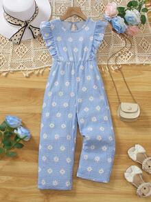 SHEIN Sparklyn Bộ áo liền quần mùa hè cho bé gái, màu xanh trắng kẻ caro, xếp ly, khoét lưng, có thắt lưng, thích hợp cho kỳ nghỉ biển, kiểu dáng cơ bản, đa năng, dự tiệc, đi học, mùa xuân/hè. - Màu xanh lam - Xem 1