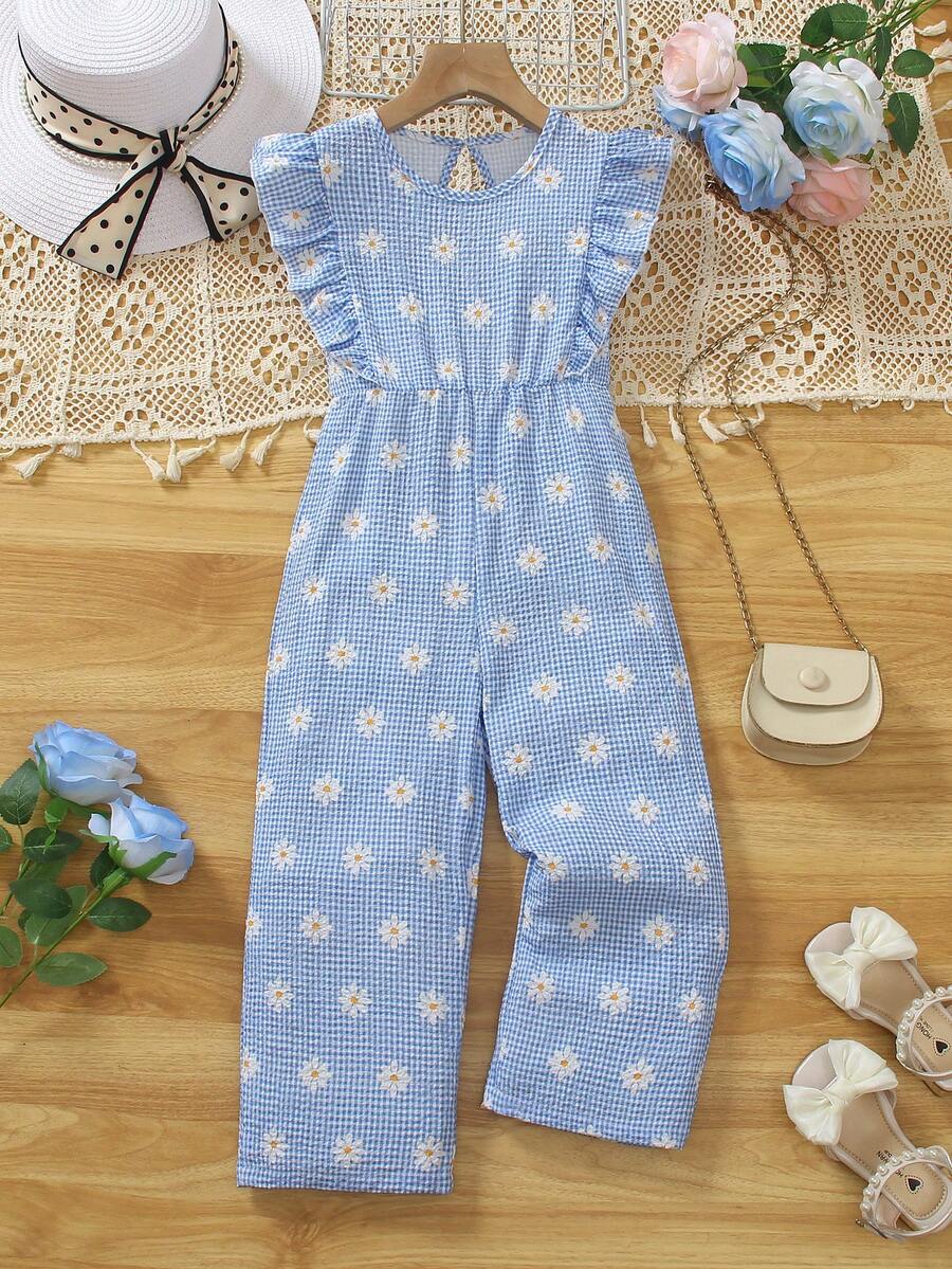 SHEIN Sparklyn Bộ áo liền quần mùa hè cho bé gái, màu xanh trắng kẻ caro, xếp ly, khoét lưng, có thắt lưng, thích hợp cho kỳ nghỉ biển, kiểu dáng cơ bản, đa năng, dự tiệc, đi học, mùa xuân/hè. - Màu xanh lam - Xem 1