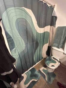 1/4 件套绿色波浪主题浴室浴帘套装、浴室垫、U 型马桶垫、马桶盖罩、浴室装饰防水浴帘、时尚门帘、窗帘和遮阳帘、现代风格浴室隔断帘、无需钻孔、涤纶、可机洗 - 彩色 - 查看 1