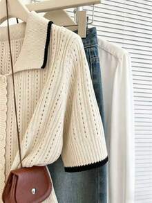 SHEIN Franclia Casual Loose Polo Collar Short Sleeve Hollow Knit Contrast Trim Design Cardigan For Women, Spring/Summer - Beige - View 5