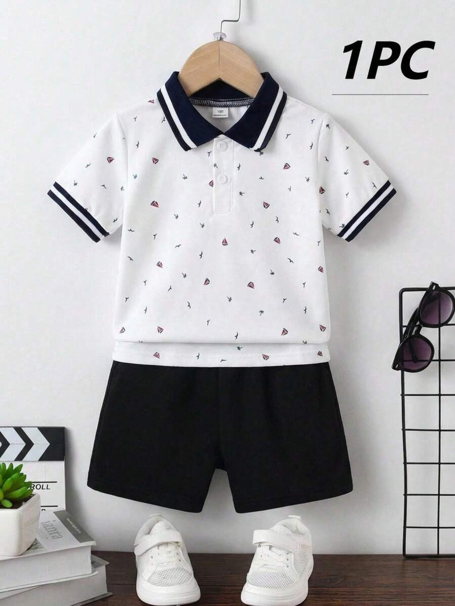 SHEIN Streecool Kids 小男孩 Polo 衫,白色夏季家庭度假套裝,小鳥、帆船、棕櫚樹印花,羅紋領,對比袖口,海灘度假風 - 白色 - 查看 1