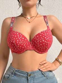 DesireSculpt 1pc Women's Heart Print Rhinestone Strap Design Underwire Plus Size Bra Summer - Red - View 5