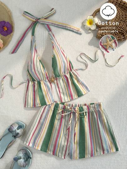 Sweetra Bộ đồ 2 mảnh gợi cảm, thời trang kiểu nghỉ dưỡng, sọc nhiều màu sắc, thiết kế hở lưng với họa tiết sao biển kim loại, kết hợp cùng áo crop top cạp thấp buộc dây, mang đến cảm giác mùa hè đầy quyến rũ cho phái nữ.