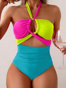 SHEIN BamGlam Áo tắm liền thân hở lưng, buộc cổ, phối màu dành cho nữ, thích hợp cho kỳ nghỉ biển. - Nhiều màu - Xem 5
