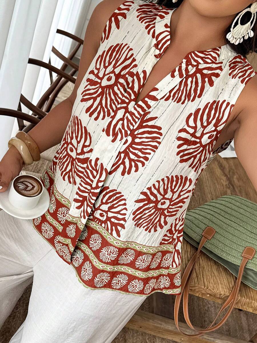 Weeklong Plus Size Women's Casual Round Neck Sleeveless Random Print Shirt, Suitable For Vacation And Daily Wear, Spring/Summer - Multicolor - View 1