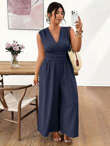 Lounesse Plus Size Women V-Neck Waist Cinched Long Green Sleeveless Jumpsuit Dress, Versatile Casual Commuter Wear, Textured Fabric - Blue - View 5