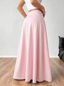 SHEIN EZwear 女款彈性腰純色極簡A字長裙，女款休閒不對稱修身純粉色裙，適合春/秋日常休閒穿著 - 粉色 - 查看 2