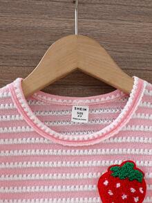 SHEIN Genkimix Kids Young Girl Light Pink Strawberry Decor Striped T-Shirt & Retro Blue Denim Shorts Skirt Set,Summer Short Sleeve Round Neck Outfit For Daily Vacation - Pink - View 4