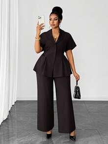 Maweii Bộ đồ nữ thời trang gồm áo cardigan cổ chữ V tay ngắn và quần ống rộng, trang phục nghỉ dưỡng thanh lịch, kiểu dáng tôn dáng, thiết kế độc quyền, cỡ lớn, thích hợp cho mùa xuân/hè/thu. - màu đen - Xem 1