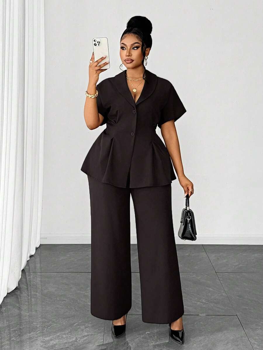 Maweii Bộ đồ nữ thời trang gồm áo cardigan cổ chữ V tay ngắn và quần ống rộng, trang phục nghỉ dưỡng thanh lịch, kiểu dáng tôn dáng, thiết kế độc quyền, cỡ lớn, thích hợp cho mùa xuân/hè/thu. - màu đen - Xem 1