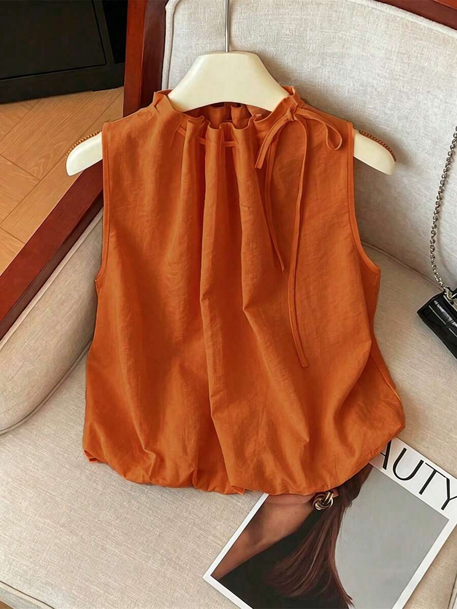 Franclia 优雅无袖松紧腰宽松领口抽绳纹理编织白色女式衬衫,春夏款 - 橘色 - 查看 1