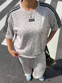 Muchica Plus Size Women Leopard Print & Striped Short Sleeve T-Shirt And Casual Pants Set - Multicolor - View 4