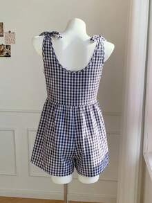 SHEIN EZwear Navy Plaid Casual Vacation Romper - Navy Blue - View 3
