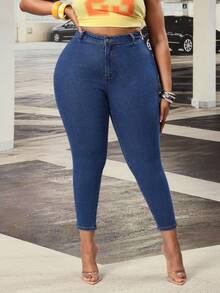 Jeanoix Plus Size Solid Color Slim Fit Comfortable Breathable Versatile Casual Jeans - Dark Wash - View 4