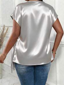EMERY ROSE Plus Size Crinkle Texture Fabric Crossed Wrap Side Knot One-Piece Short Sleeve Casual Commuter Shirt - White - View 2