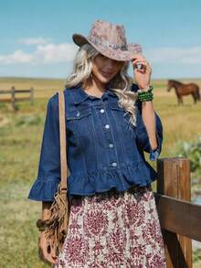 EMERY ROSE Women's 3/4 Sleeve Flare Cuff Single-Breasted Ruffle Hem Denim Jacket - Medium Wash - View 1