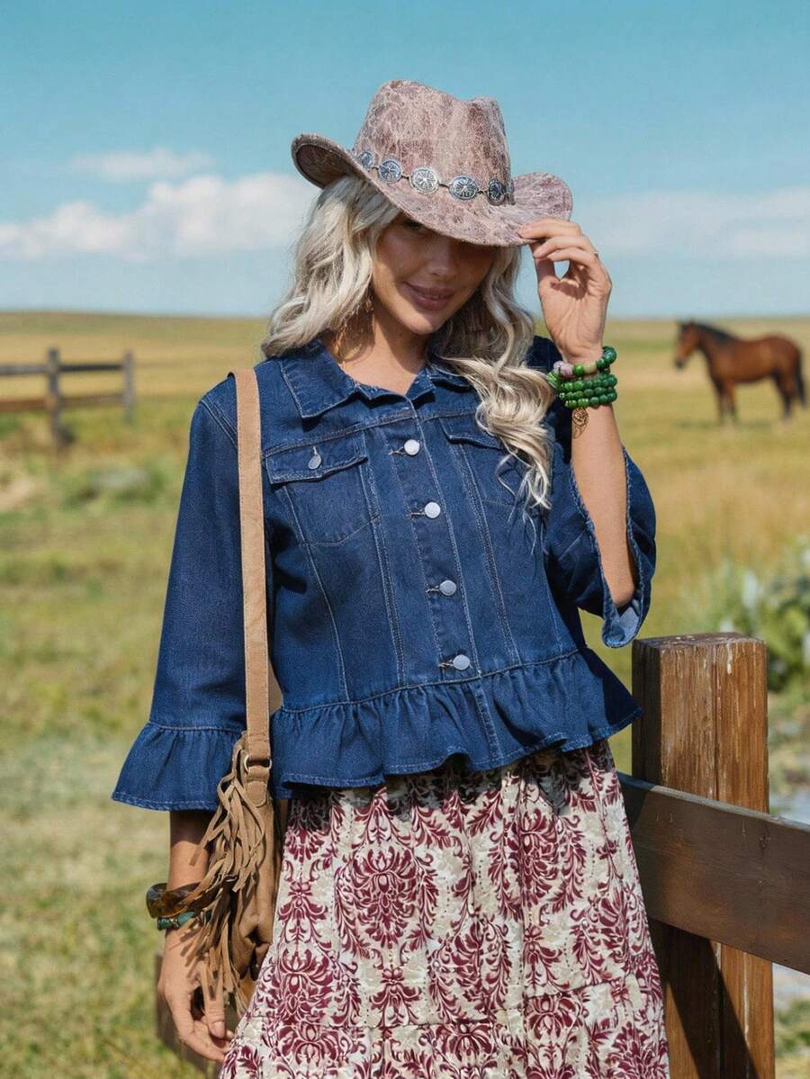 EMERY ROSE Women's 3/4 Sleeve Flare Cuff Single-Breasted Ruffle Hem Denim Jacket - Medium Wash - View 1