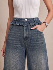 Anewsta Quần jeans nữ màu xanh denim bạc màu, kiểu dáng tối giản thời trang với viền bèo nhún, thích hợp cho mùa xuân/hè. - Rửa trung bình - Xem 4