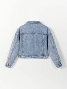 SHEIN Teen Girls' Casual Denim Jacket,Soft Cotton Loose Fit Blue Streetwear,Back-To-School Summer Holiday Fashion,Classic Light Washed Front Pockets Design - Medium Wash - View 2