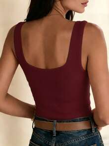 EMERY ROSE Áo tank top không tay cổ chữ V phối ren màu trơn dành cho nữ - Màu Đỏ Sâu - Xem 2