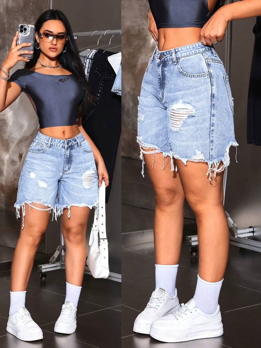 SHEIN ICON 大码女式破洞毛边牛仔短裤 - 藍色 - 查看 1