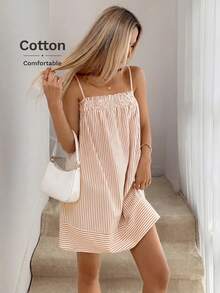 Easowa Frill Trim Ruched Umbrella Skirt Sundress Doll Dress Spaghetti Strap Casual Loose Elegant Commuter Vintage Style Holiday Spring Summer Women Short Dress,Summer Dresses For Women - Apricot - View 3