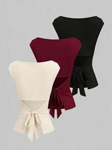 Sweetra Women's Summer New Minimalist Versatile Waist Cinched Solid Color Sleeveless Knit T-Shirt Set - Multicolor - View 1