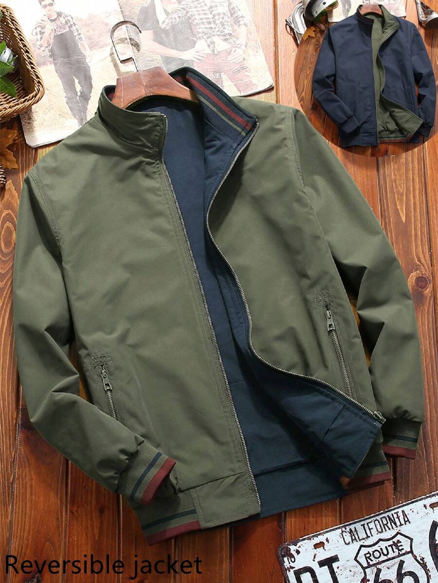 Manfinity Homme Chaqueta informal de manga larga para hombre, chaqueta formal ligera de color block verde para el trabajo, para regalos a amigos, esposo, novio, para el otoño - Verde militar - View 1