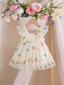 SHEIN Vestido sin mangas con volantes y estampado floral de organza para bebé niña recién nacida para el verano - Beis - Ver 5