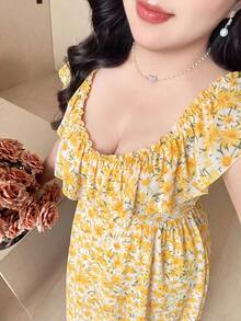 Flirla 大码优雅甜美可爱碎花连衣裙 - 黃色 - 查看 3