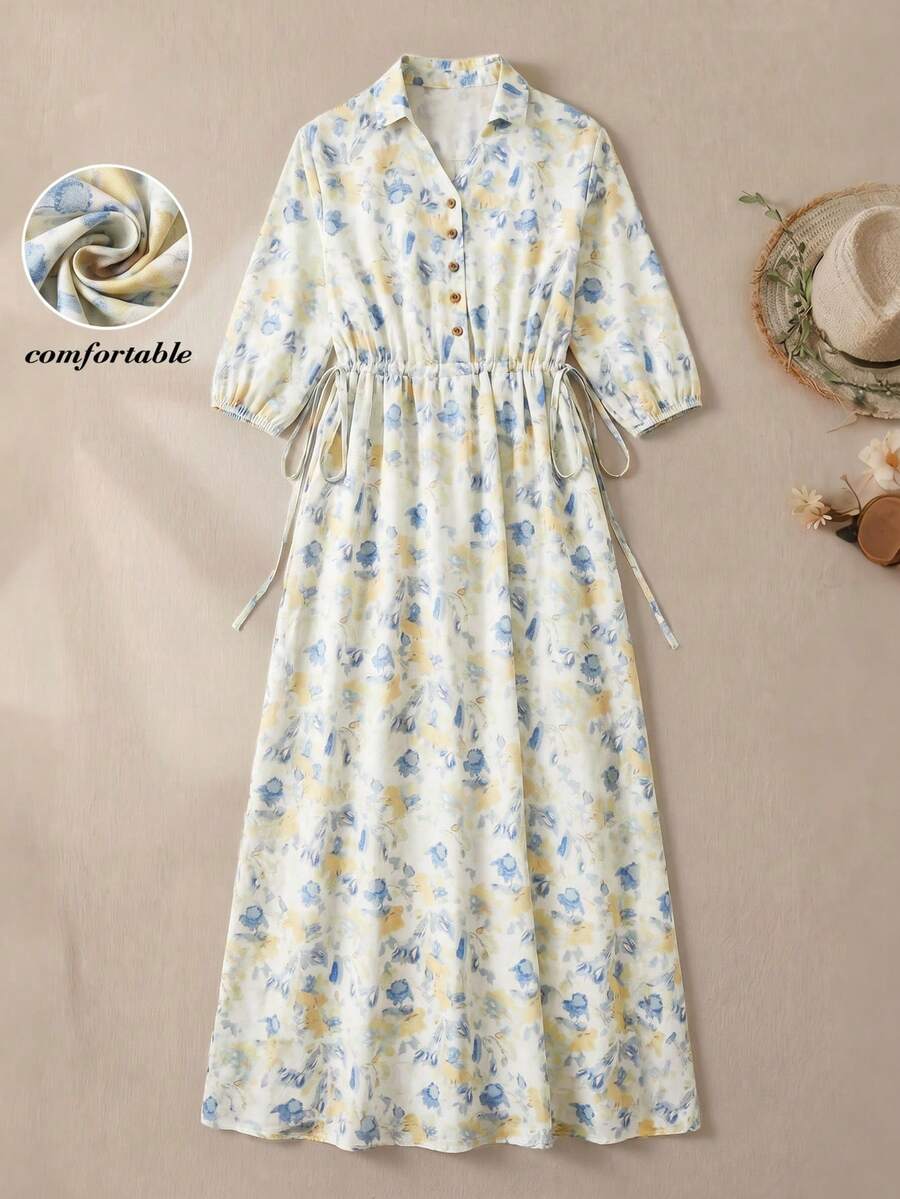 SHEIN LUNE 女士印花腰带休闲连衣裙,适合度假 - 淺藍色 - 查看 1
