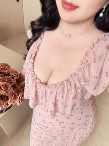 Vibekara 大码优雅甜美可爱碎花连衣裙 - 粉色 - 查看 3