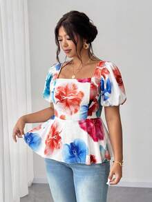 SHEIN Elenzya Áo kiểu nữ cỡ lớn thanh lịch tay cánh hoa với viền bèo nhún - trái cam - Xem 4