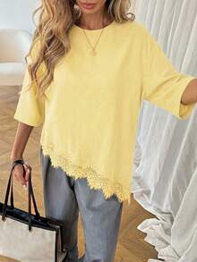 SHEIN Tall CURVE Plus Size Solid Color Minimalist Short Sleeve T-Shirt - Pale Yellow - View 5