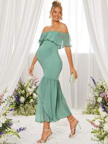 Loomaby Vestido de fiesta para embarazadas con hombros descubiertos y volantes en el bajo - Verde Oliva - Ver 8