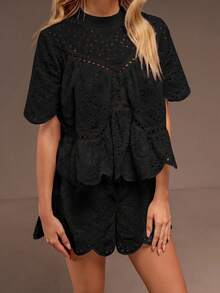 SHEIN Unity Black Summer Elegant Tea Party Hollow Embroidered Lace Splice Ruffle Hem Shirt & Elastic Waist Ruffled Shorts Two Pieces Set,Vintage Academic Style - Black - View 8