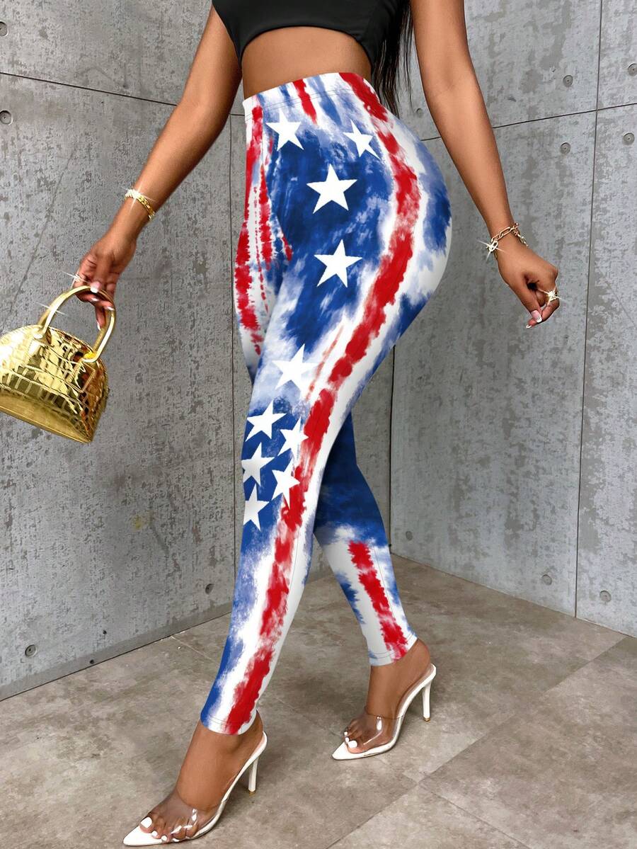 BamGleam Quần legging nữ in họa tiết cờ Mỹ nhuộm màu tie-dye mùa xuân/hè - Phong cách đường phố, trang phục công sở thường ngày, trang phục dự tiệc và lễ hội, và là chiếc quần thoải mái để dạo phố. - Nhiều màu - Xem 1