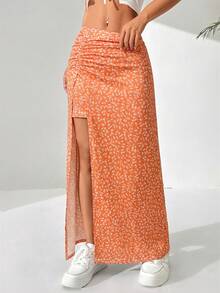 SHEIN EZwear 休闲碎花高开衩半身裙，夏季 - 橘色 - 查看 3