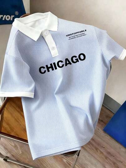 Manfinity Joysei Áo polo nam cỡ lớn, kiểu dáng thường ngày, kẻ sọc và in chữ, thích hợp cho đi học và đi chơi.