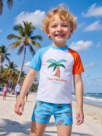 SHEIN Young Boy Casual Minimalist Spider, Superhero, Flame Print Pattern Loose Fit Round Neck Short Sleeve T-Shirt And Shorts Swimwear Set, Suitable For Summer