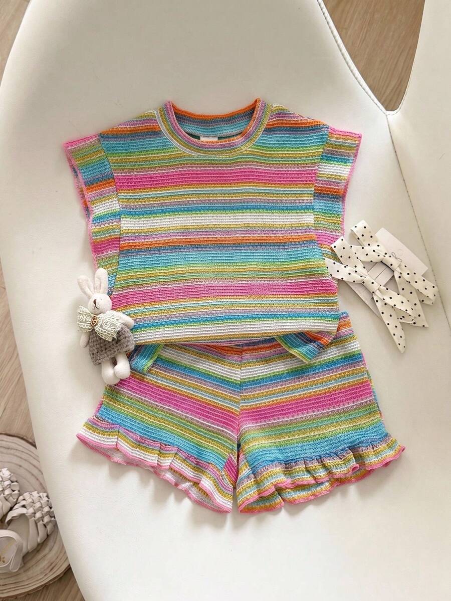 SHEIN Playful Pals 2件組女嬰彩虹藍黃條紋荷葉袖上衣&彈性腰短褲,可愛夏季度假休閒套裝,適合拍照、野餐 - 彩色 - 查看 1