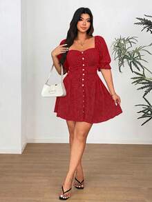 Vionelle Plus Size Women Polka Dot Ruched Casual Party Dress - Red - View 3